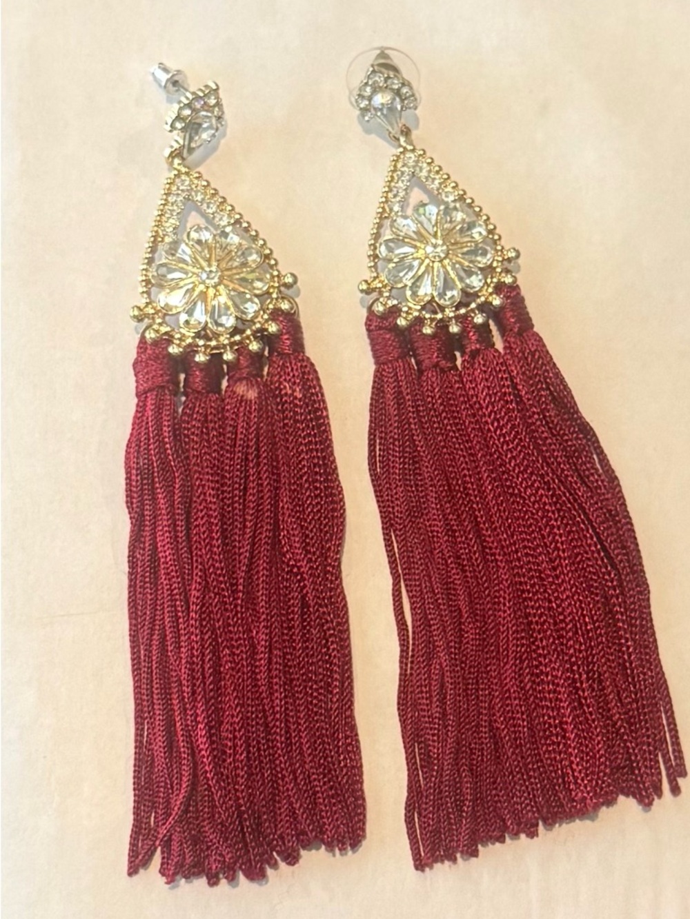 Beautiful Gold-Tone Rhinestone Burgundy Red Tassel Earrings